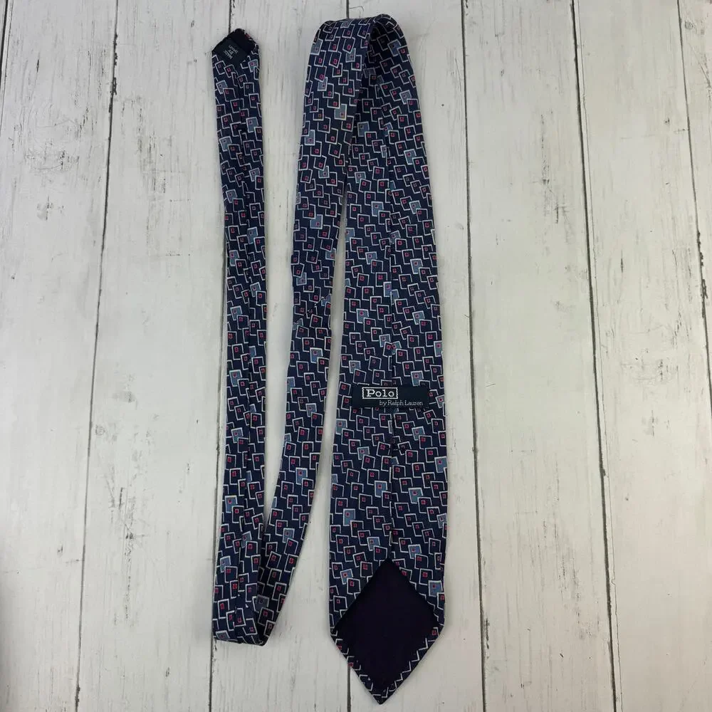 VTG Polo Ralph Lauren Blue/White Silk Handmade Geometric Neck Tie USA